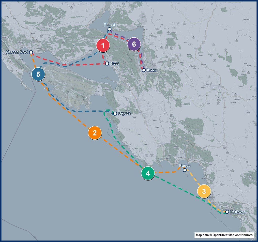 מפת מסלול רגוע: Kotor, Tivat, Herceg Novi, Budva, Petrovac, Bigova, Perast